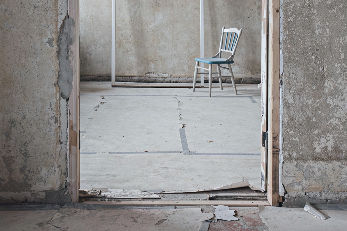 Betongväggar och betonggolv, omålade, innan renovering, med en trästol i bakgrunden