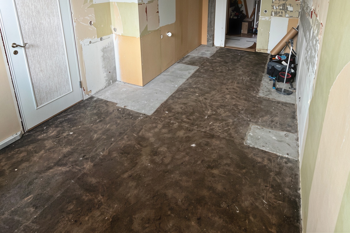 Rum innan installation av golv och kök, med endast väggar och betonggolv synligt.